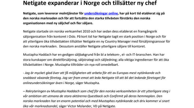 Netigate expanderar i Norge och tillsätter ny chef