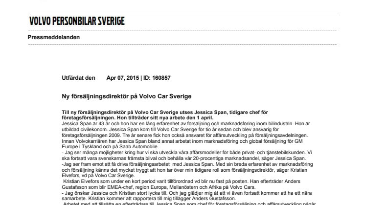 Ny försäljningsdirektör på Volvo Car Sverige