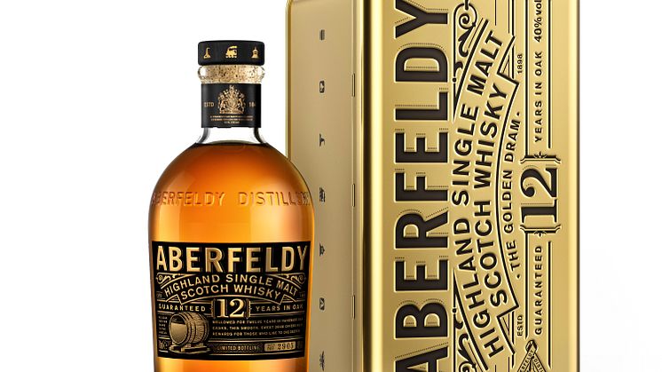 Aberfeldys gyllene maltwhisky i guldlåda