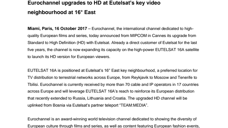 Eurochannel upgrades to HD at Eutelsat’s key video neighbourhood at 16° East