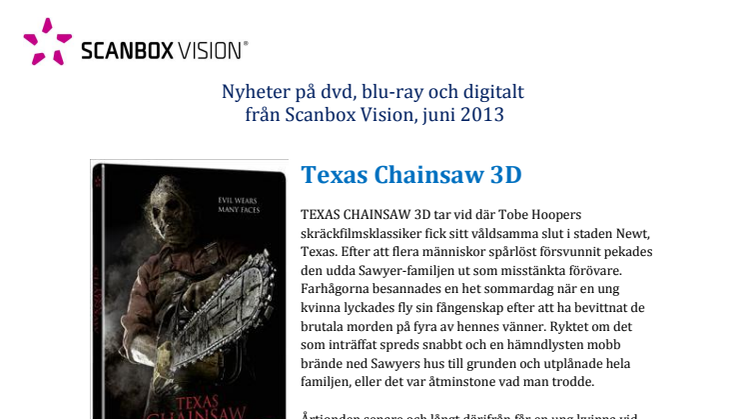 Texas Chainsaw 3D, Noomi Rapace i Passion och svensk thrillerklassiker är nytt på blu-ray & dvd från Scanbox i juni