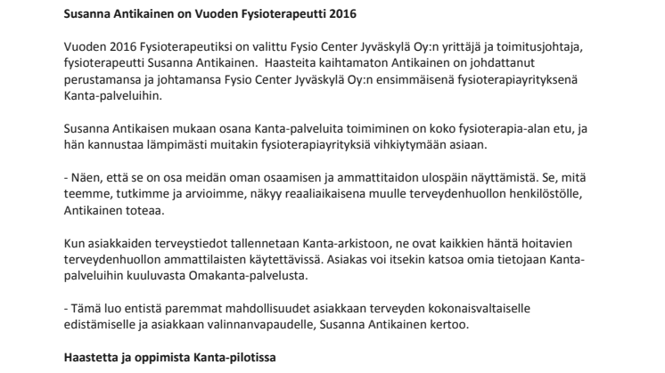 Susanna Antikainen on Vuoden Fysioterapeutti 2016