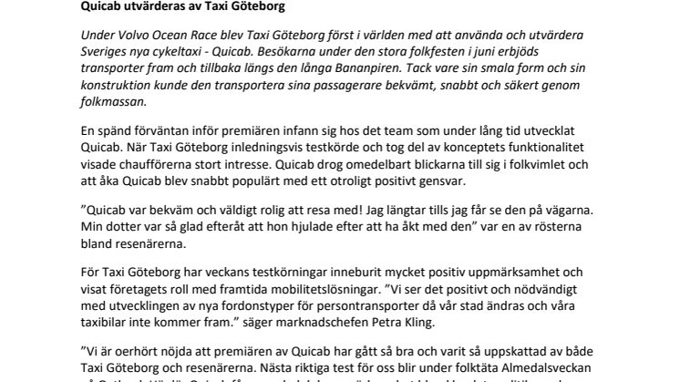 Quicab utvärderas av Taxi Göteborg