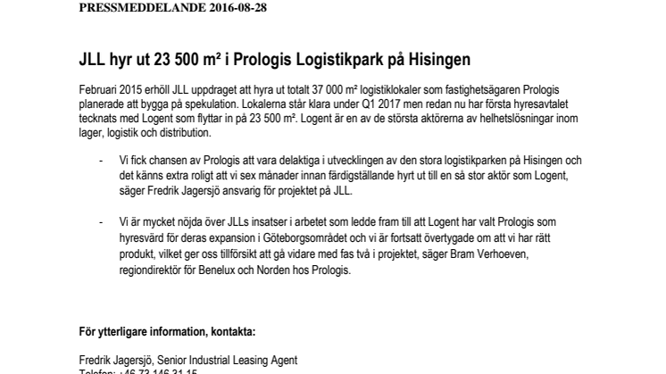 JLL hyr ut 23 500 m² i Prologis Logistikpark på Hisingen