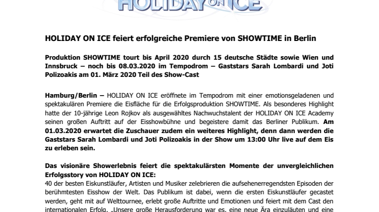 HOLIDAY ON ICE feiert erfolgreiche Premiere von SHOWTIME in Berlin