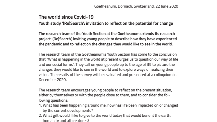 Youth study ‘(Re)Search’: invitation to reflect on the potential for change – the world since Covid-19 