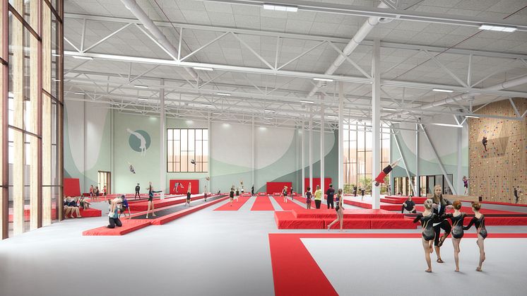 Intill Bromma flygplats planeras för en ishall med en gymnastikarena för truppgymnastik ovanpå. Illustration: Hemsö/Visulent 