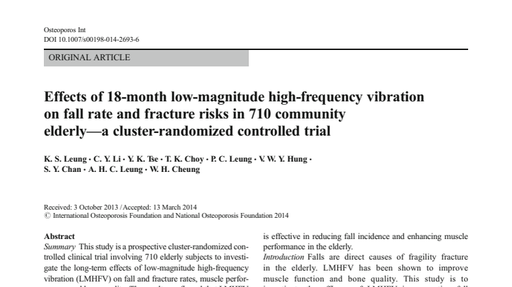 Effects of 18-month low-magnitude high-frequency vibration on fall rate and fracture risks in 710 community elderly—a cluster-randomized controlled trial
