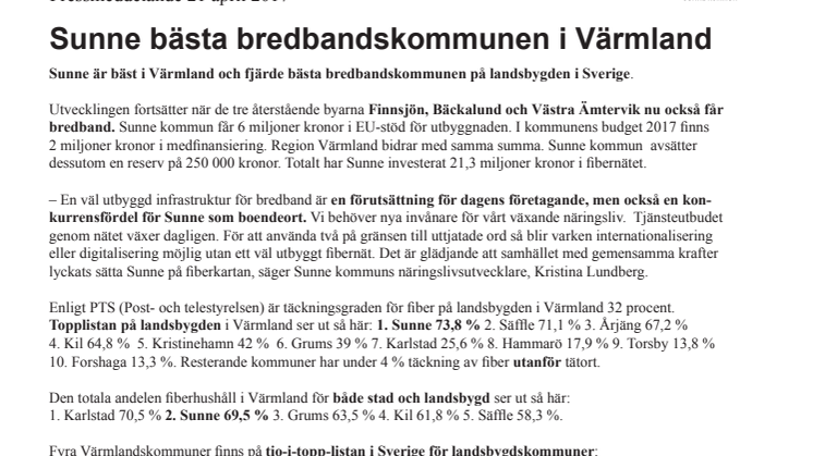 Sunne bästa bredbandskommunen i Värmland