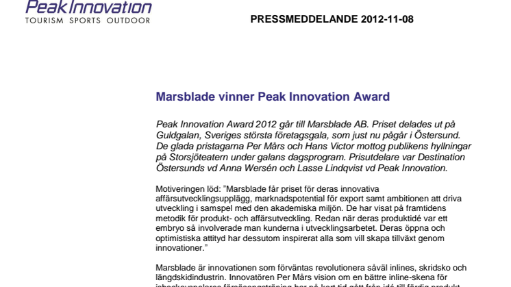 Marsblade vinner Peak Innovation Award
