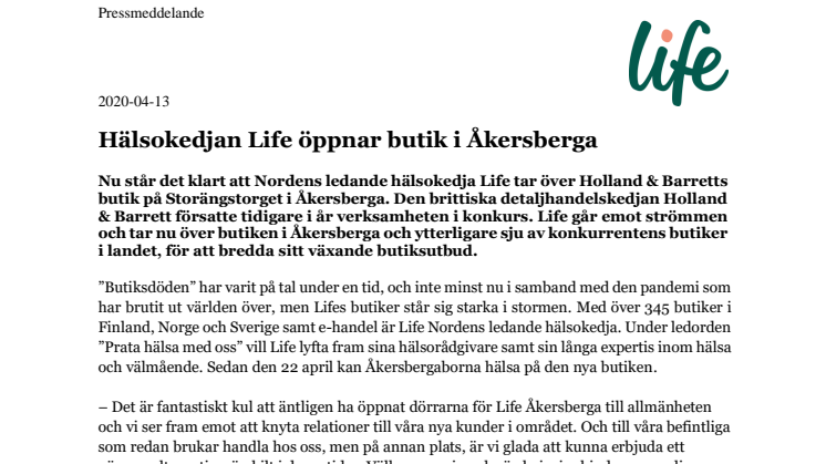 Hälsokedjan Life öppnar butik i Åkersberga