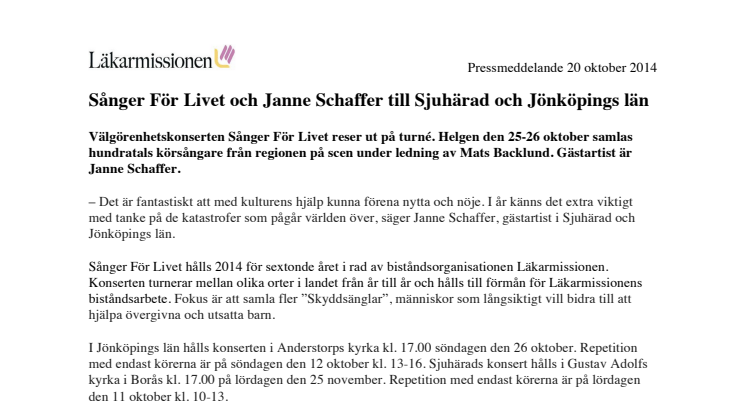 Sånger För Livet och Janne Schaffer till Sjuhärad och Jönköpings län 