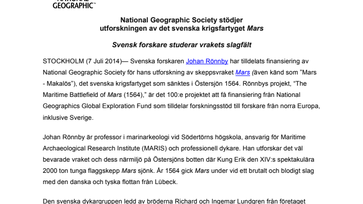 National Geographic Society stödjer utforskningen av det svenska krigsfartyget Mars