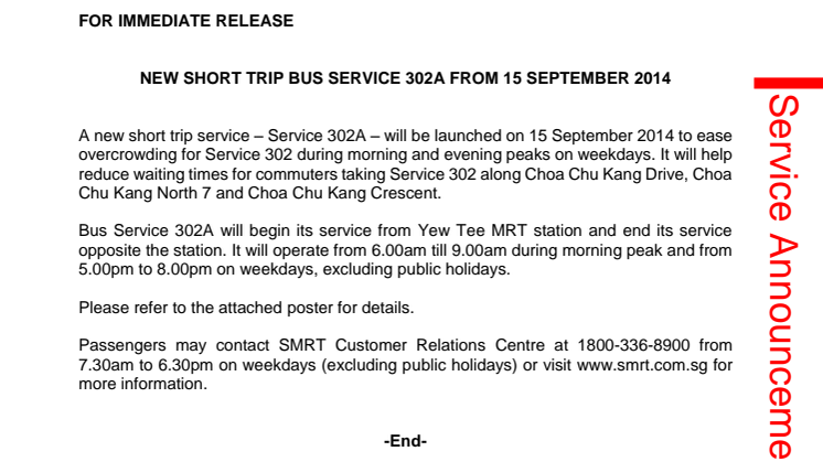 New Short Trip Bus Service 302A from 15 September 2014