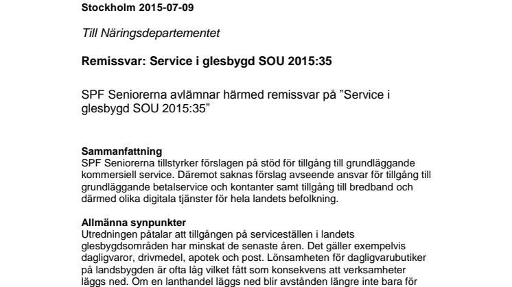 Remissvar SPF Seniorerna på Service i glesbygd SOU 2015 35