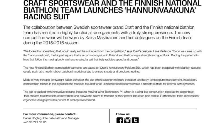 Craft Sportswear and the Finnish national biathlon team launches ‘hannunvaakuna’ racing suit 