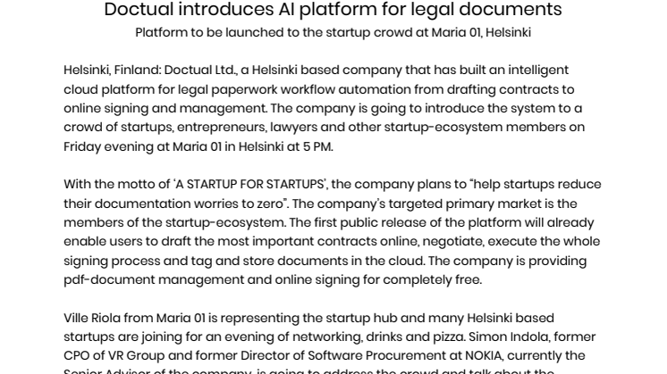 Doctual introduces AI platform for legal documents Platform to be launched to the startup crowd at Maria 01, Helsinki
