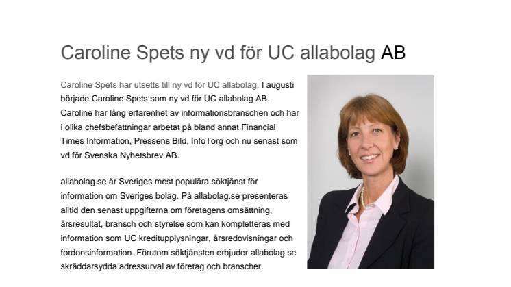 Caroline Spets ny VD för UC allabolag AB
