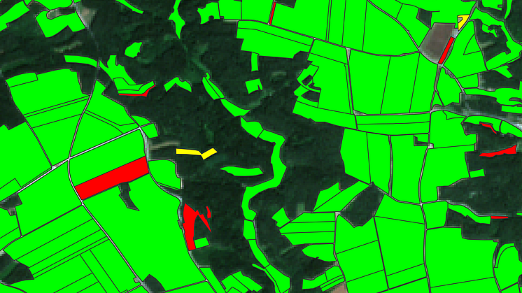 Output of automatic monitoring of agricultural parcels regarding their declared crop type (Green: Compliant parcels, Red: Non-complaint parcels, Yellow: Parcels requiring further processing) (© GAF AG, includes Copernicus Sentinel-2 data acquired on 