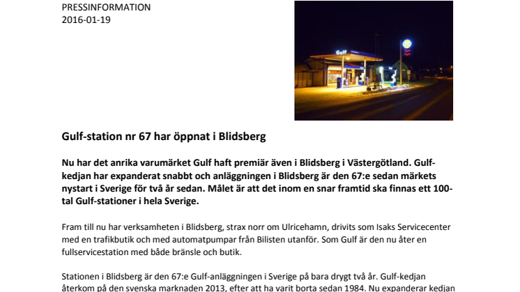 Gulf-station nr 67 har öppnat i Blidsberg