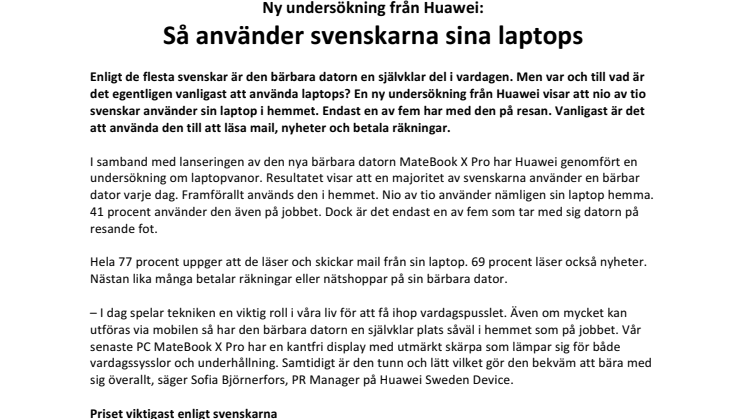 Ny undersökning från Huawei: Så använder svenskarna sina laptops
