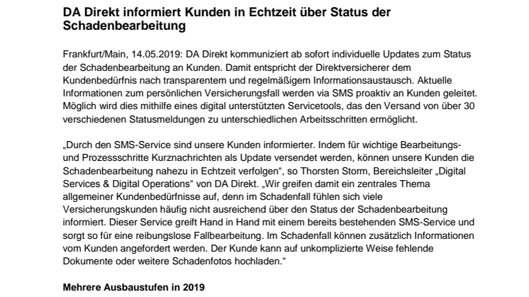 DA Direkt informiert Kunden in Echtzeit über Status der Schadenbearbeitung