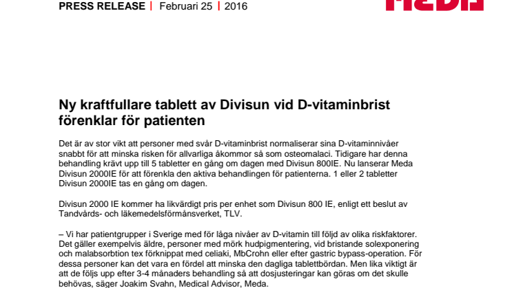 Ny kraftfullare tablett av Divisun vid D-vitaminbrist förenklar för patienten
