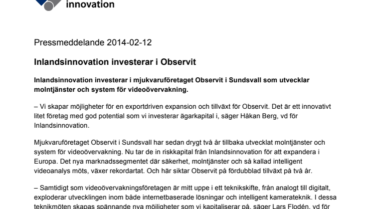 Inlandsinnovation investerar i Observit 