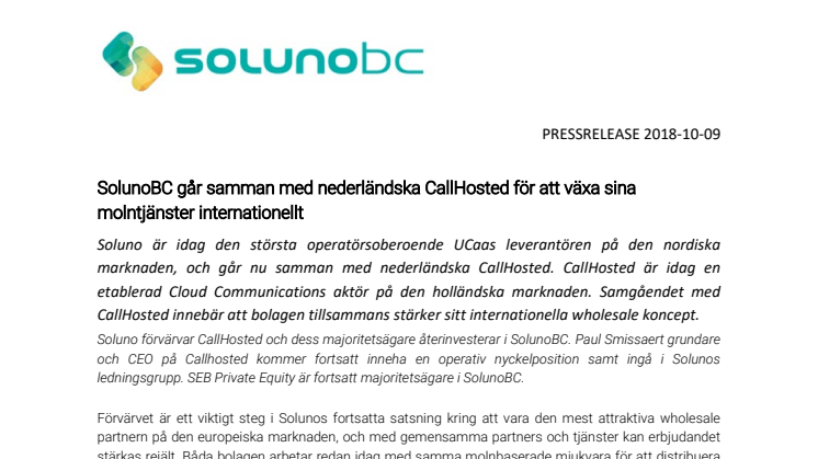 SolunoBC går samman med nederländska CallHosted för att växa sina molntjänster internationellt