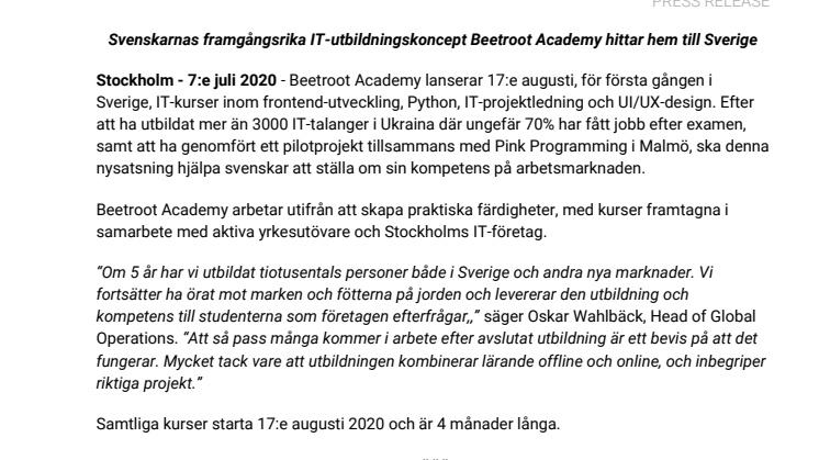 Svenskarnas framgångsrika IT-utbildningskoncept Beetroot Academy hittar hem till Sverige