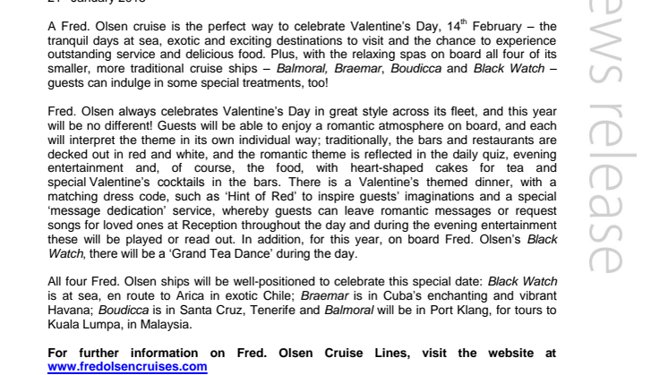 Celebrate Valentine’s Day at sea with Fred. Olsen Cruise Lines