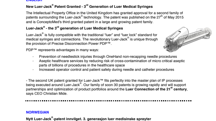 New Luer-Jack® Patent Granted - New Generation of Luer Medical Syringes