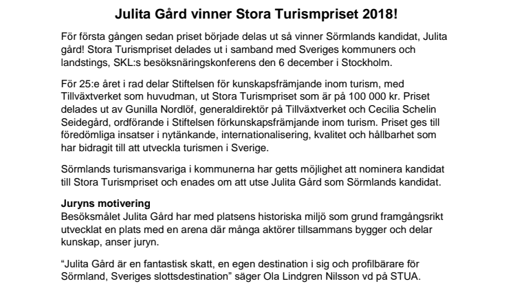 Julita Gård vinner Stora Turismpriset 2018!