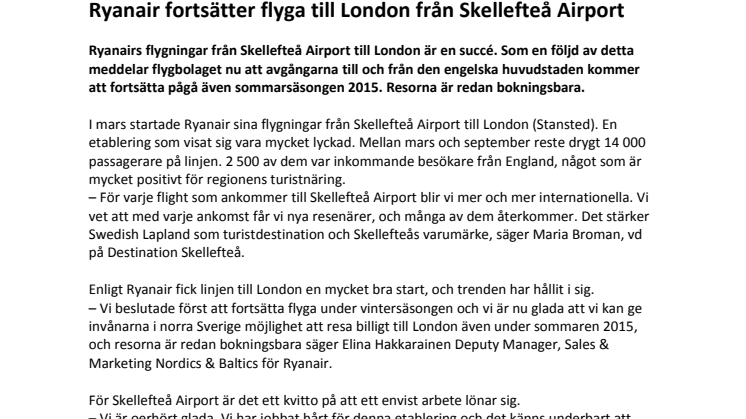 Ryanair fortsätter flyga till London från Skellefteå Airport