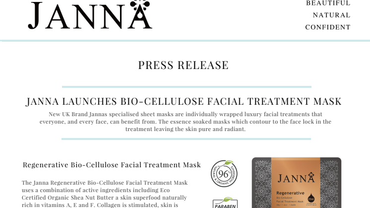 New UK Brand Janna Launches 96% Natural Regenerative Bio-Cellulose Facial Treatment Mask 