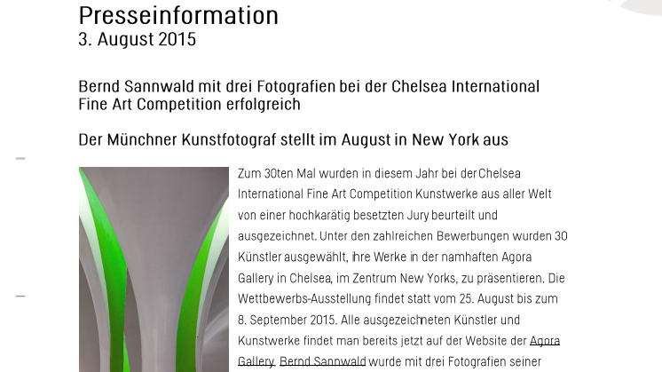 Bernd Sannwald bei der Chelsea International Fine Art Competition erfolgreich