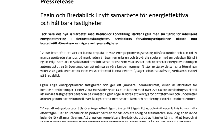 Egain och Bredablick i nytt samarbete för energieffektiva och hållbara fastigheter.