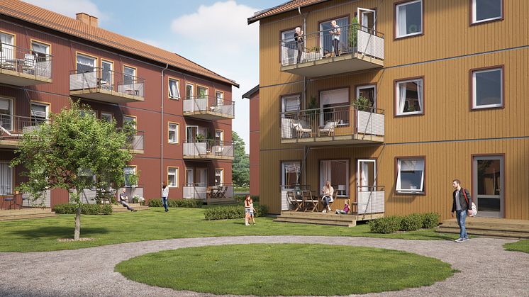 Illustration av gårdssida med balkong/altan med gräsplatt samt gemensamma grönytor, lägenheter i BoKlok Svärdet i Hemlingby. 