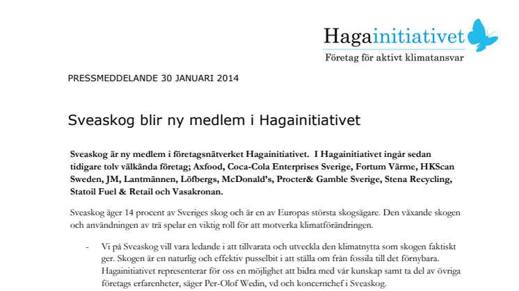 Sveaskog blir ny medlem i Hagainitiativet