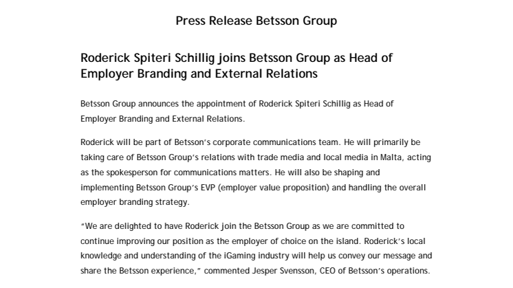 Roderick Spiteri Schillig joins Betsson Group as Head of Employer Branding and External Relations