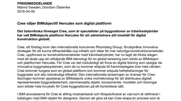 Cree väljer BIMobject® Hercules som digital plattform