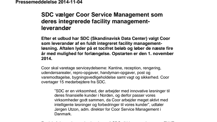 SDC vælger Coor Service Management som deres integrerede facility management-leverandør