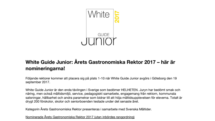 White Guide Junior: Årets Gastronomiska Rektor 2017 – här är nomineringarna!
