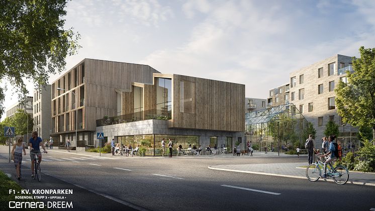 Ett projekt ritat i massivträ.  Vy över nya kvarteret Kronparken. Rosendal Uppsala, Dreem Arkitekter