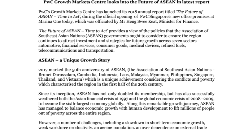 PwC Growth Markets Centre looks into the Future of ASEAN in latest report