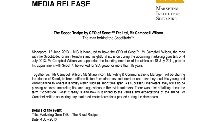 The Scoot Recipe by CEO of Scoot™ Pte Ltd, Mr Campbell Wilson