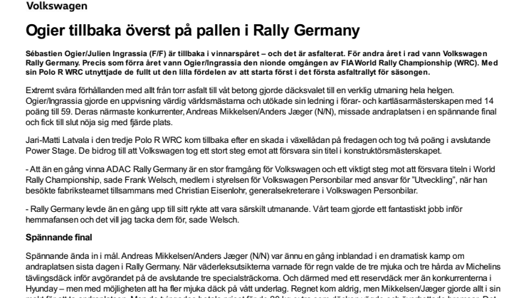 Ogier tillbaka överst på pallen i Rally Germany