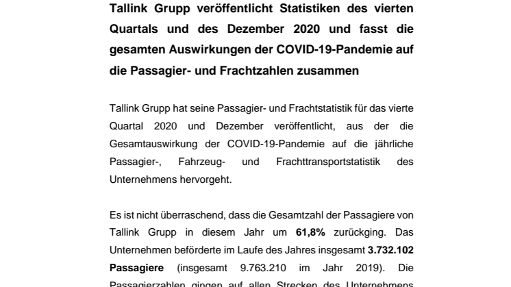 Tallink Grupp veröffentlicht Statistiken des vierten Quartals und des Dezember 2020 und fasst die gesamten Auswirkungen der COVID-19-Pandemie auf die Passagier- und Frachtzahlen zusammen