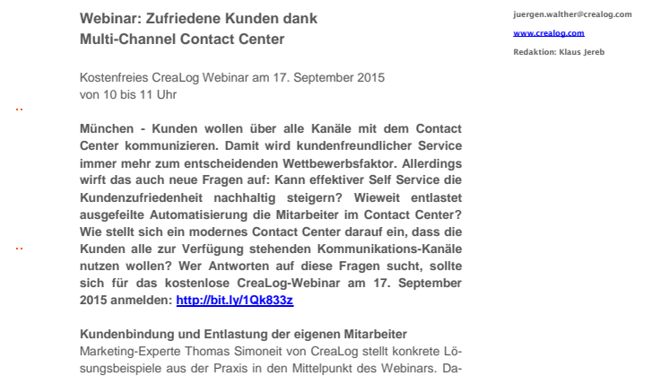 Kostenfreies CreaLog Webinar am 17. September 2015: Zufriedene Kunden dank Multi-Channel Contact Center