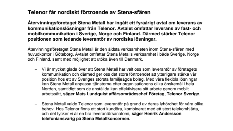 Telenor får nordiskt förtroende av Stena-sfären